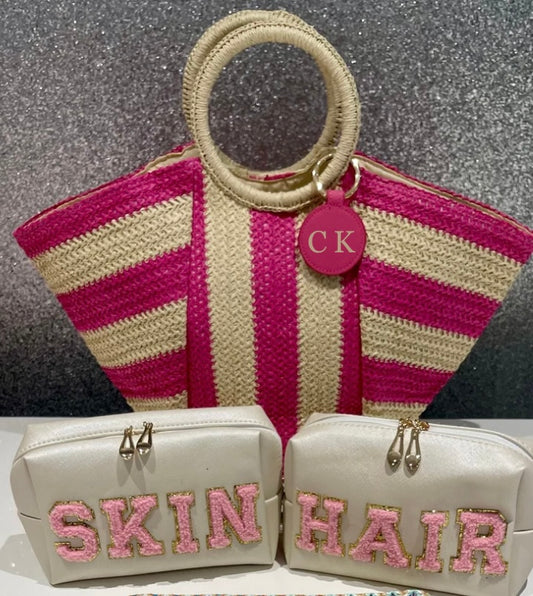 Pink and white stripe Beach Holiday bag INCLUDES MAGNETIC HAT CLIP NO LETTERING ON BAG