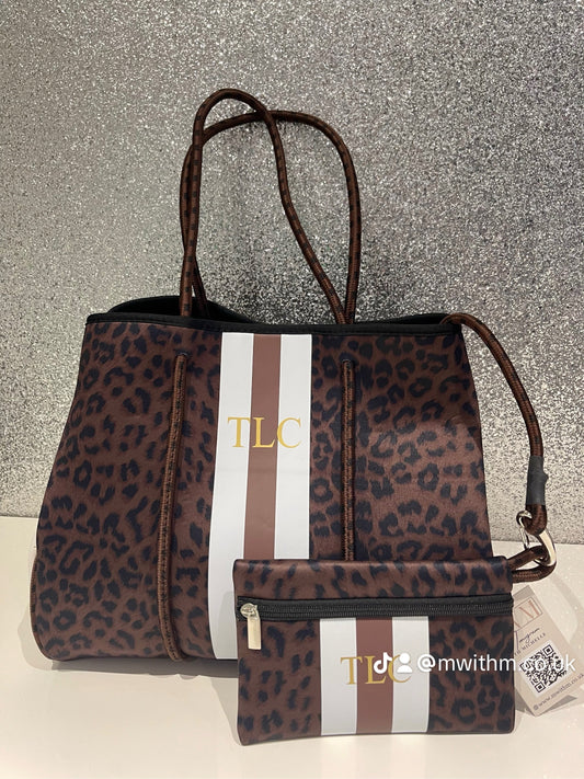 Neoprene tote bag set - brown animal print