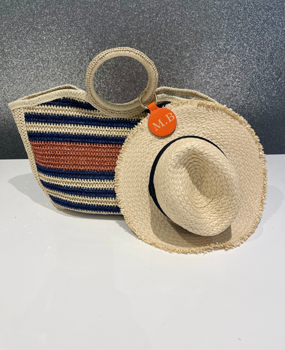 Navy and Orange stripe Beach/Holiday bag INCLUDES MONOGRAM MAGNETIC HAT CLIP NO LETTERING ON BAG