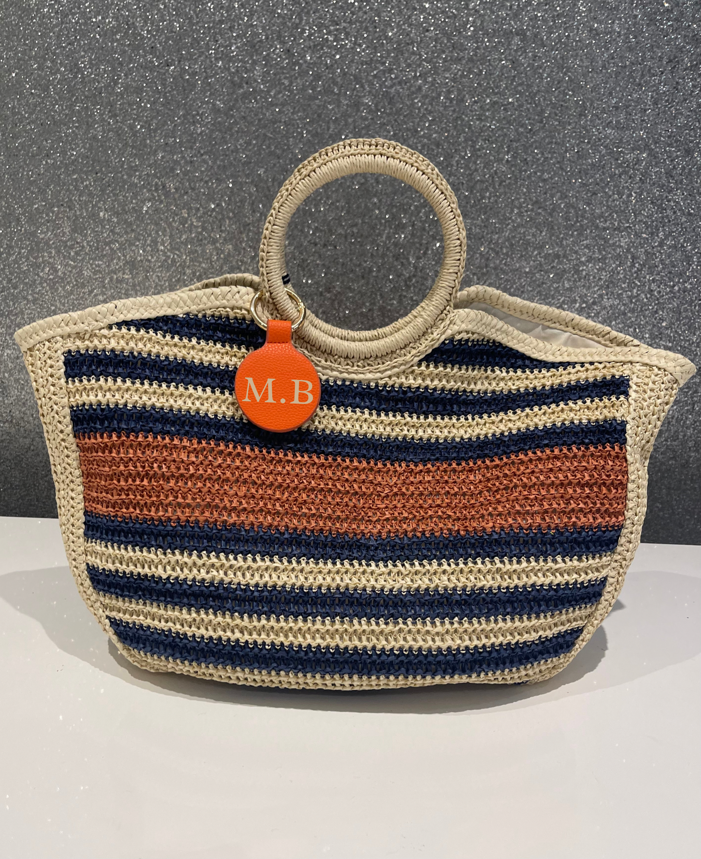 Navy and Orange stripe Beach/Holiday bag INCLUDES MONOGRAM MAGNETIC HAT CLIP NO LETTERING ON BAG